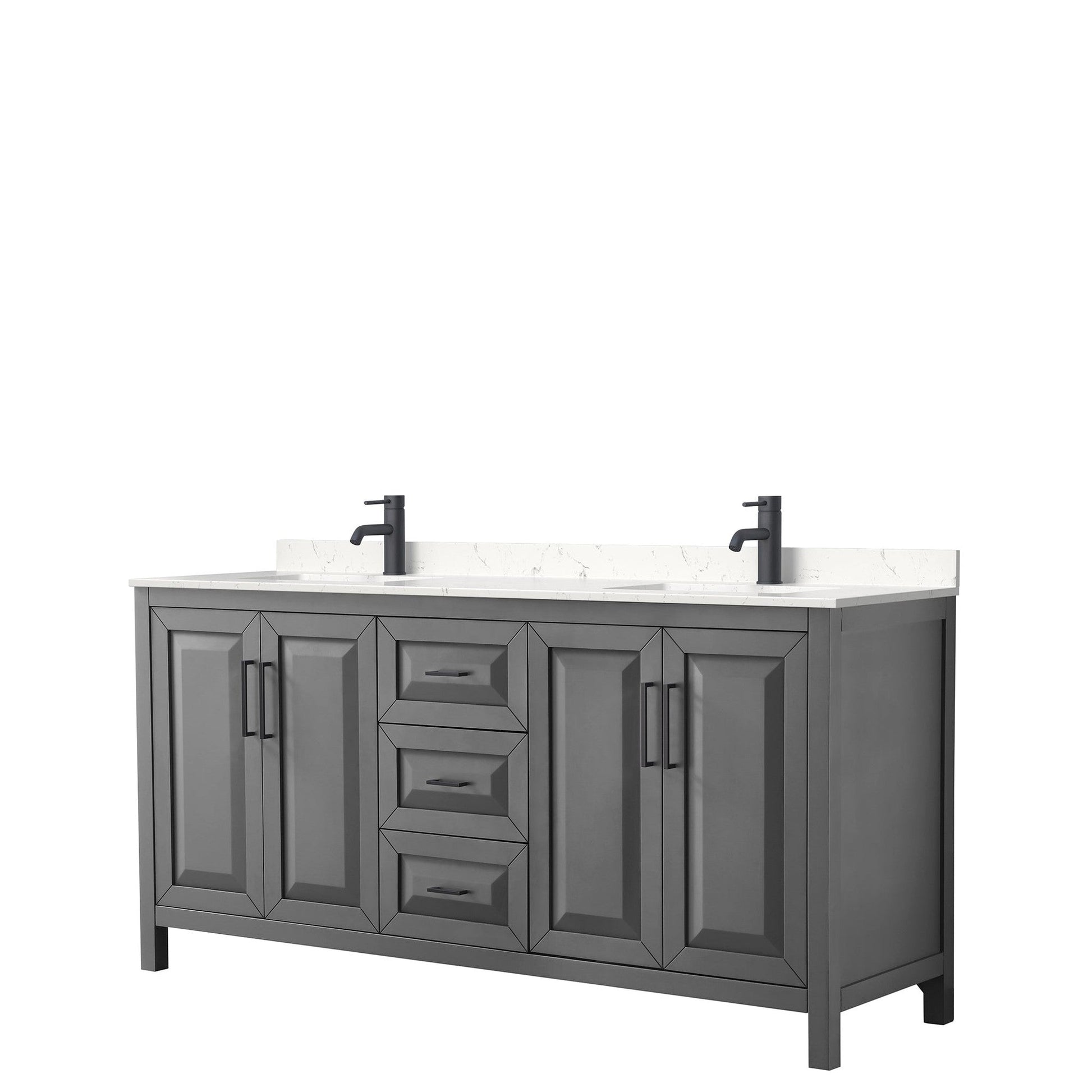 Wyndham Collection Daria 72" Double Bathroom Vanity in Dark Gray, Carrara Cultured Marble Countertop, Undermount Square Sinks, Matte Black Trim