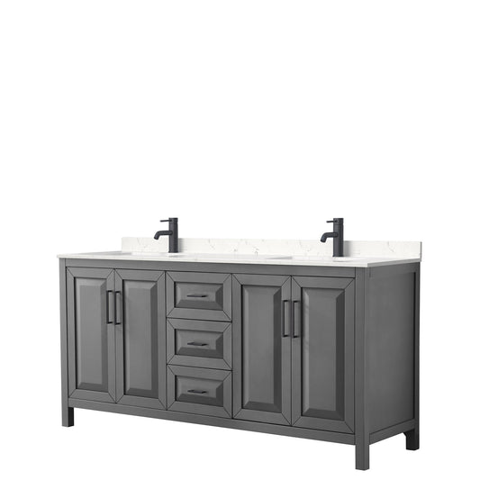 Wyndham Collection Daria 72" Double Bathroom Vanity in Dark Gray, Carrara Cultured Marble Countertop, Undermount Square Sinks, Matte Black Trim