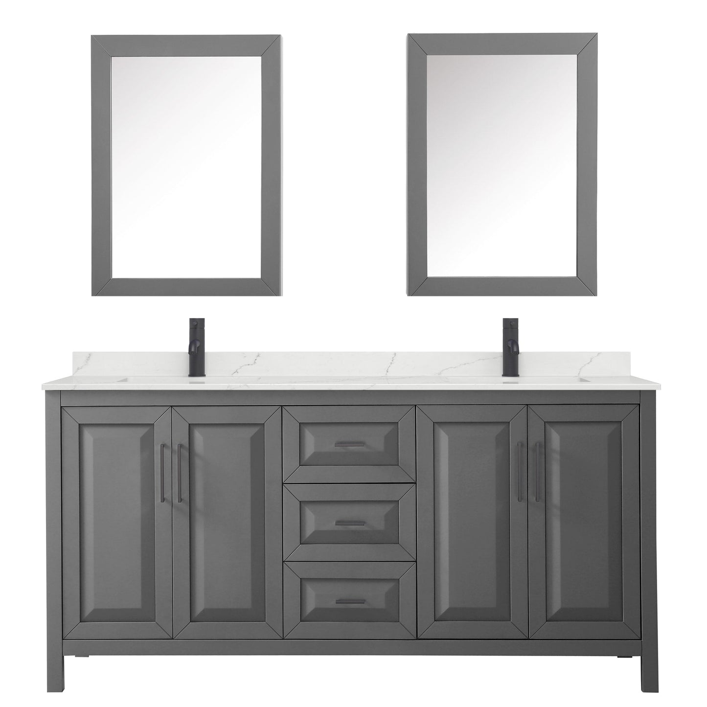 Wyndham Collection Daria 72" Double Bathroom Vanity in Dark Gray, Giotto Quartz Countertop, Undermount Square Sinks (1-Hole), Matte Black Trim, Medicine Cabinets