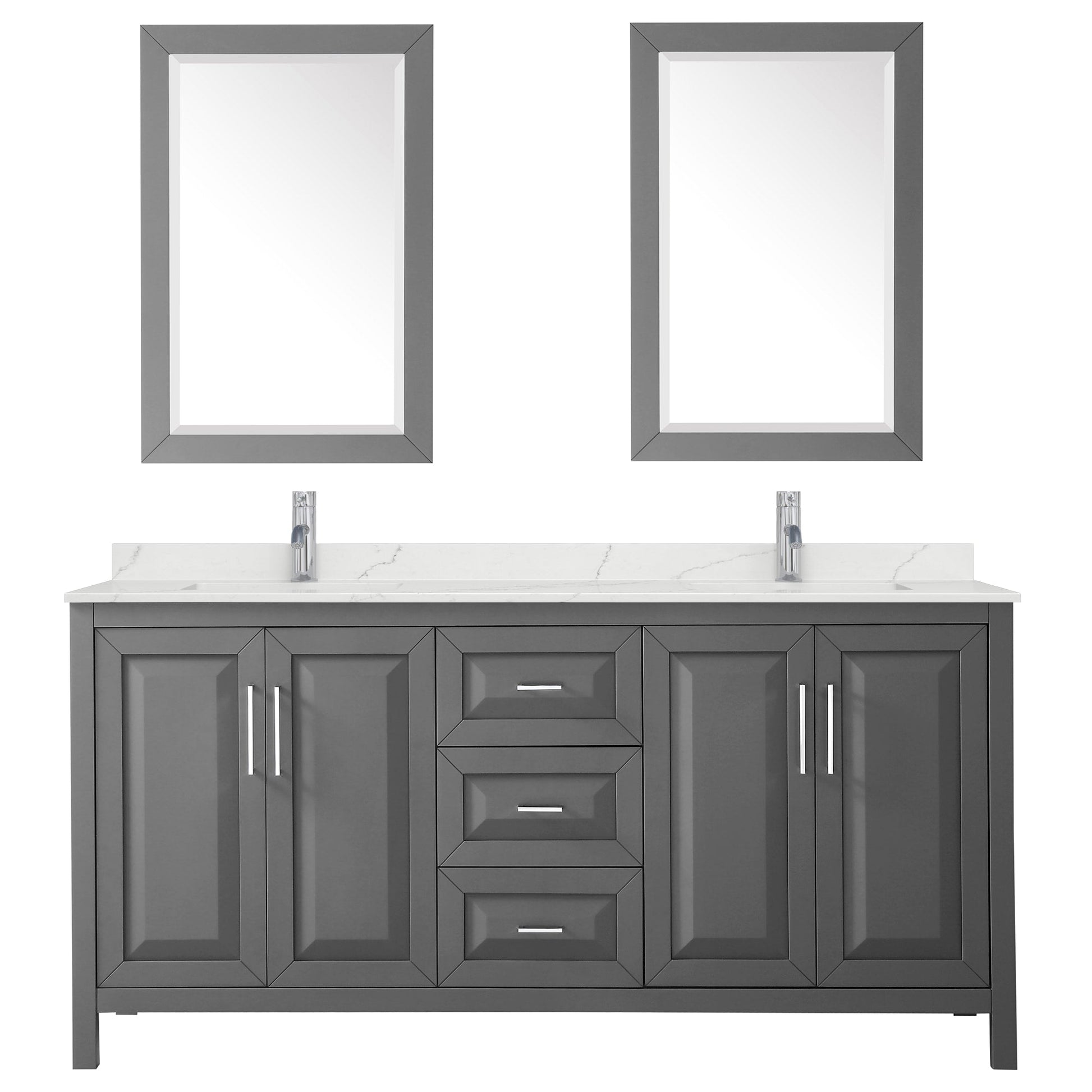 Wyndham Collection Daria 72" Double Bathroom Vanity in Dark Gray, Giotto Quartz Countertop, Undermount Square Sinks (1-Hole), Polished Chrome Trim, 24" Mirrors