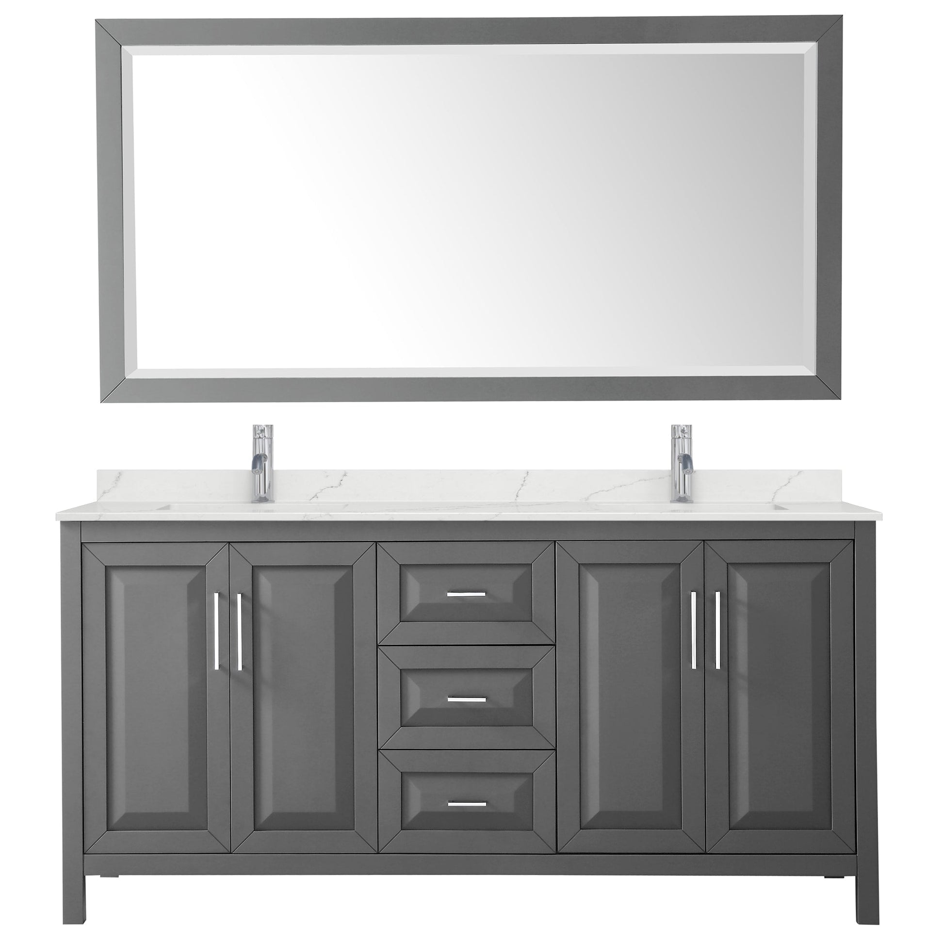 Wyndham Collection Daria 72" Double Bathroom Vanity in Dark Gray, Giotto Quartz Countertop, Undermount Square Sinks (1-Hole), Polished Chrome Trim, 70" Mirror