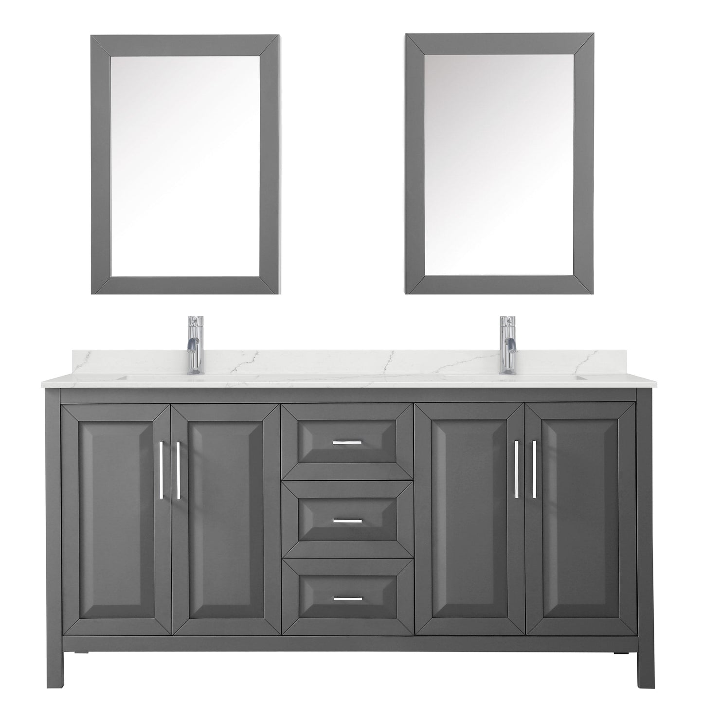 Wyndham Collection Daria 72" Double Bathroom Vanity in Dark Gray, Giotto Quartz Countertop, Undermount Square Sinks (1-Hole), Polished Chrome Trim, Medicine Cabinets
