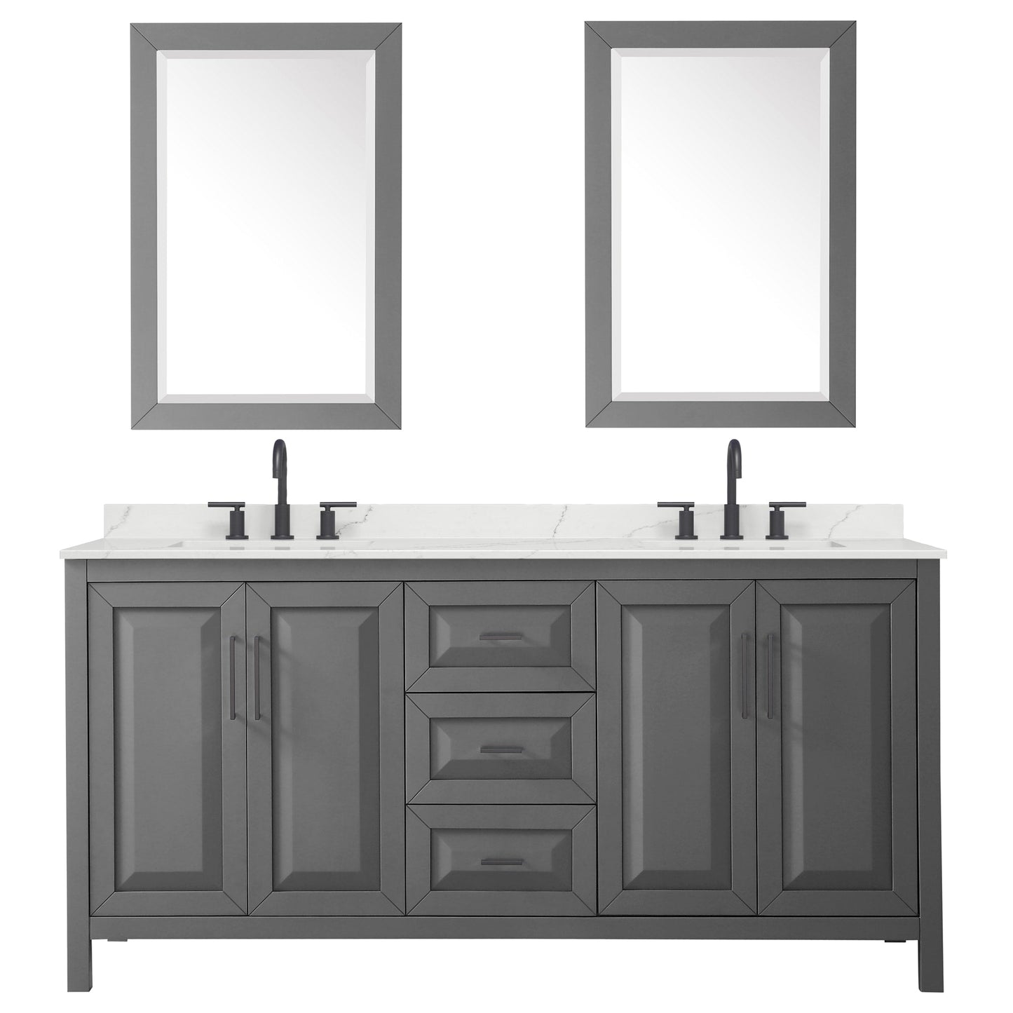 Wyndham Collection Daria 72" Double Bathroom Vanity in Dark Gray, Giotto Quartz Countertop, Undermount Square Sinks (3-Hole), Matte Black Trim, 24" Mirrors