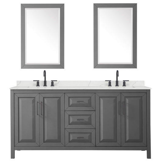 Wyndham Collection Daria 72" Double Bathroom Vanity in Dark Gray, Giotto Quartz Countertop, Undermount Square Sinks (3-Hole), Matte Black Trim, 24" Mirrors