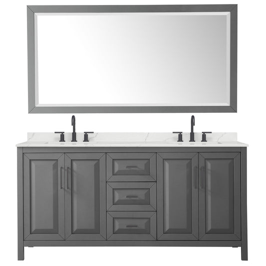 Wyndham Collection Daria 72" Double Bathroom Vanity in Dark Gray, Giotto Quartz Countertop, Undermount Square Sinks (3-Hole), Matte Black Trim, 70" Mirror