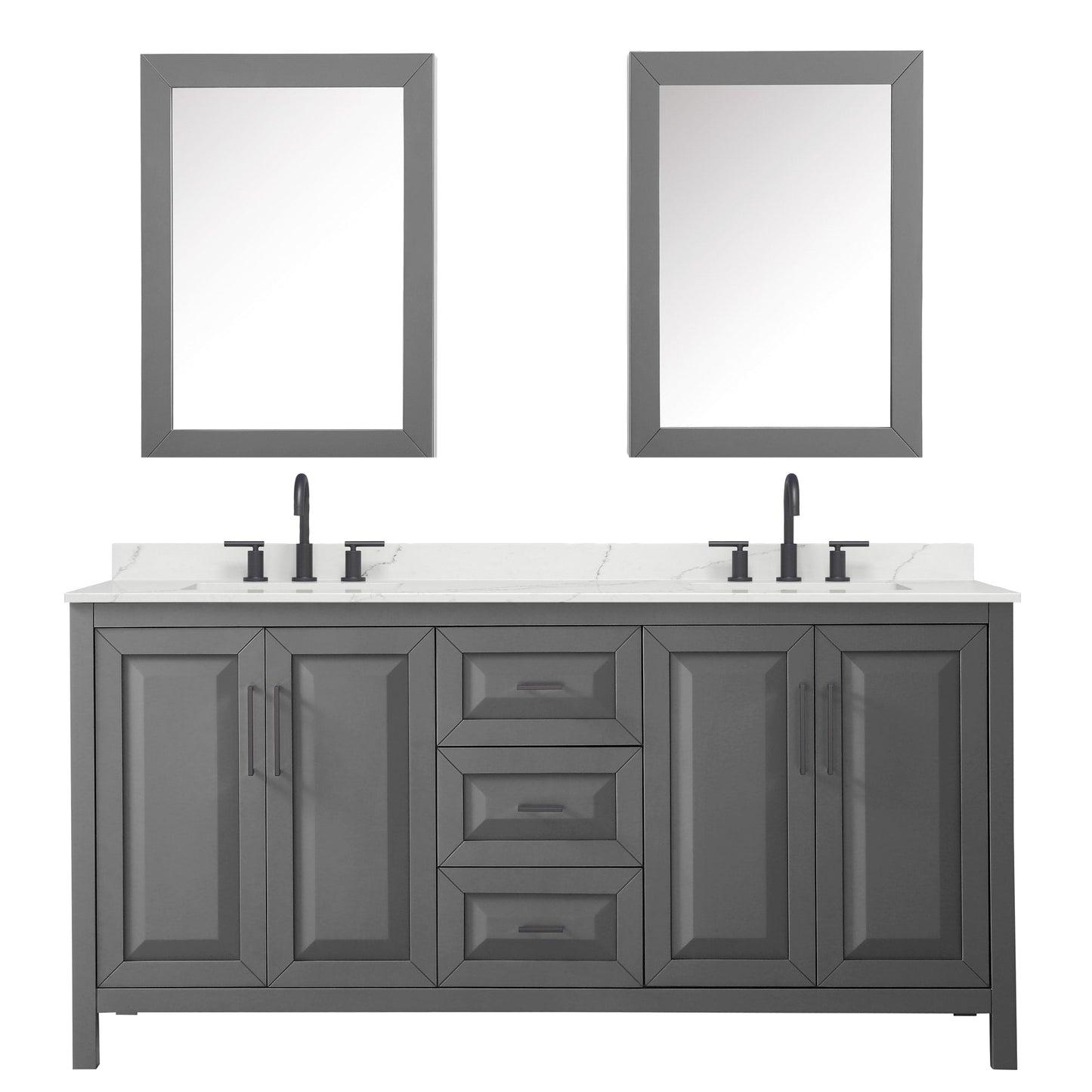 Wyndham Collection Daria 72" Double Bathroom Vanity in Dark Gray, Giotto Quartz Countertop, Undermount Square Sinks (3-Hole), Matte Black Trim, Medicine Cabinets