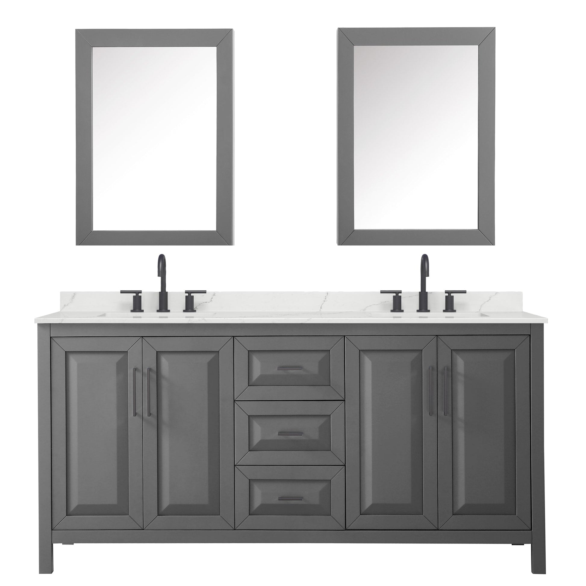 Wyndham Collection Daria 72" Double Bathroom Vanity in Dark Gray, Giotto Quartz Countertop, Undermount Square Sinks (3-Hole), Matte Black Trim, Medicine Cabinets
