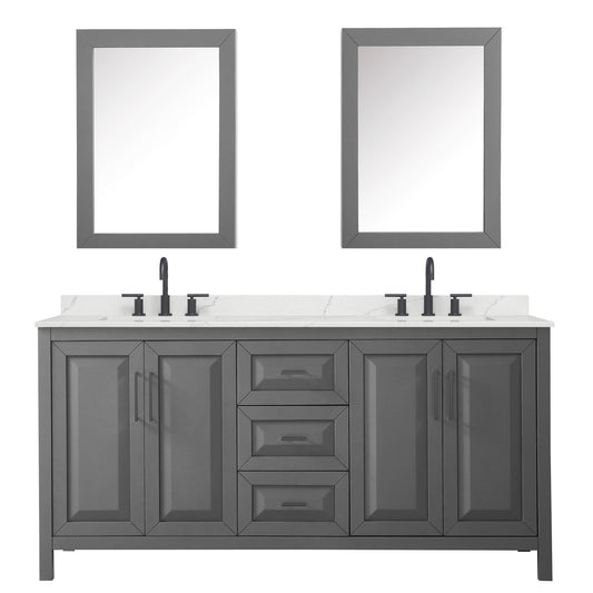 Wyndham Collection Daria 72" Double Bathroom Vanity in Dark Gray, Giotto Quartz Countertop, Undermount Square Sinks (3-Hole), Matte Black Trim, Medicine Cabinets