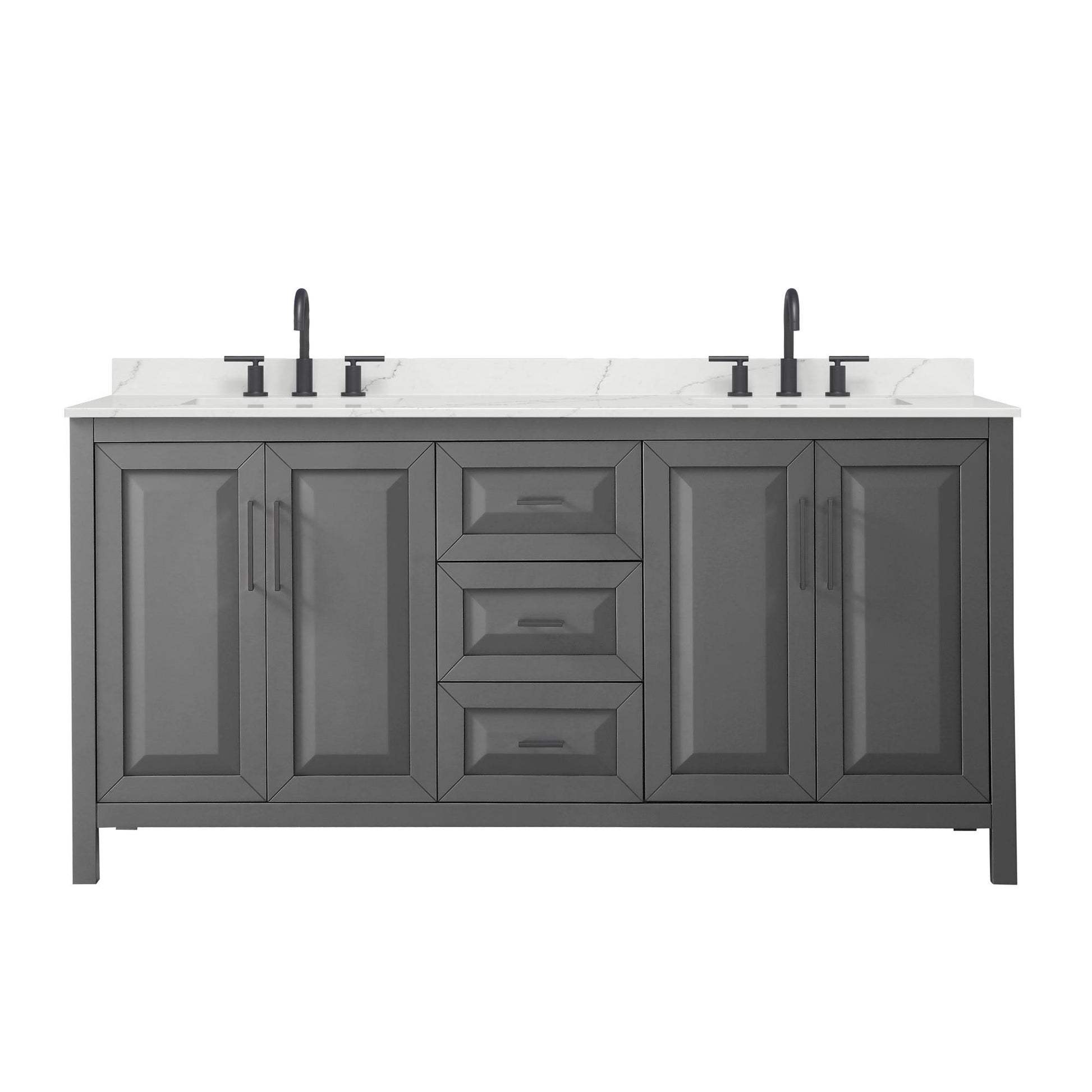 Wyndham Collection Daria 72" Double Bathroom Vanity in Dark Gray, Giotto Quartz Countertop, Undermount Square Sinks (3-Hole), Matte Black Trim