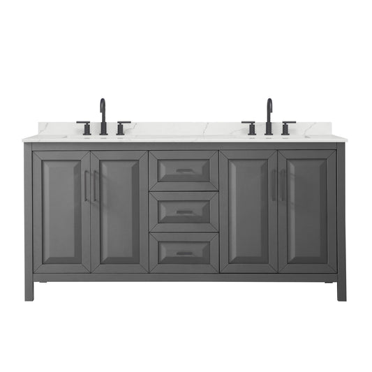 Wyndham Collection Daria 72" Double Bathroom Vanity in Dark Gray, Giotto Quartz Countertop, Undermount Square Sinks (3-Hole), Matte Black Trim