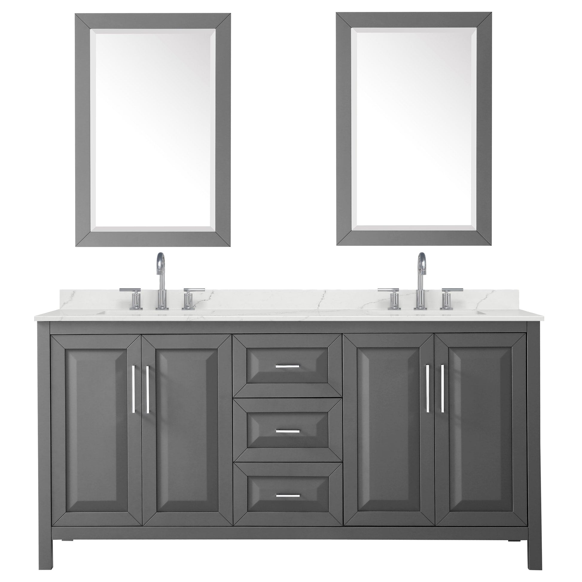 Wyndham Collection Daria 72" Double Bathroom Vanity in Dark Gray, Giotto Quartz Countertop, Undermount Square Sinks (3-Hole), Polished Chrome Trim, 24" Mirrors