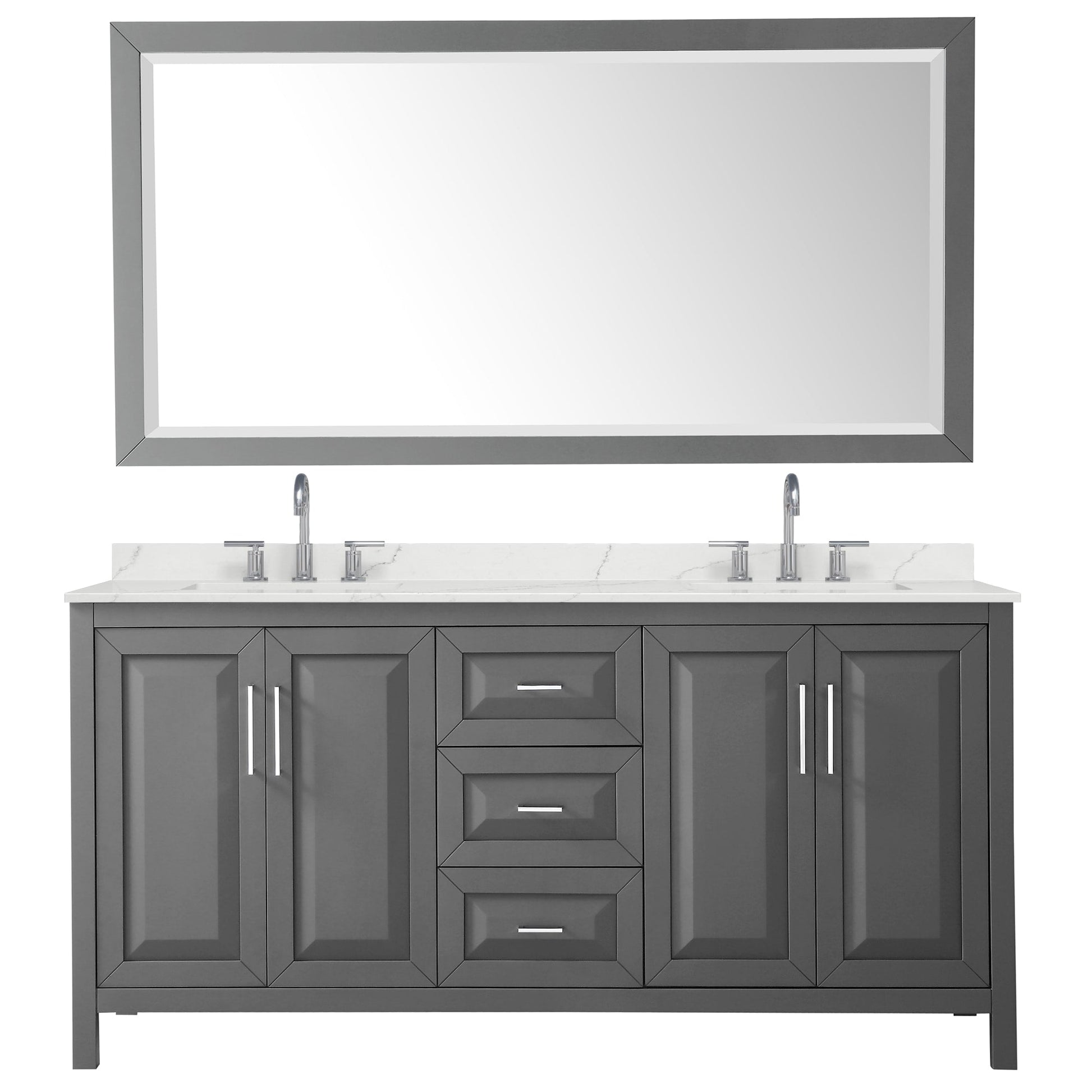 Wyndham Collection Daria 72" Double Bathroom Vanity in Dark Gray, Giotto Quartz Countertop, Undermount Square Sinks (3-Hole), Polished Chrome Trim, 70" Mirror