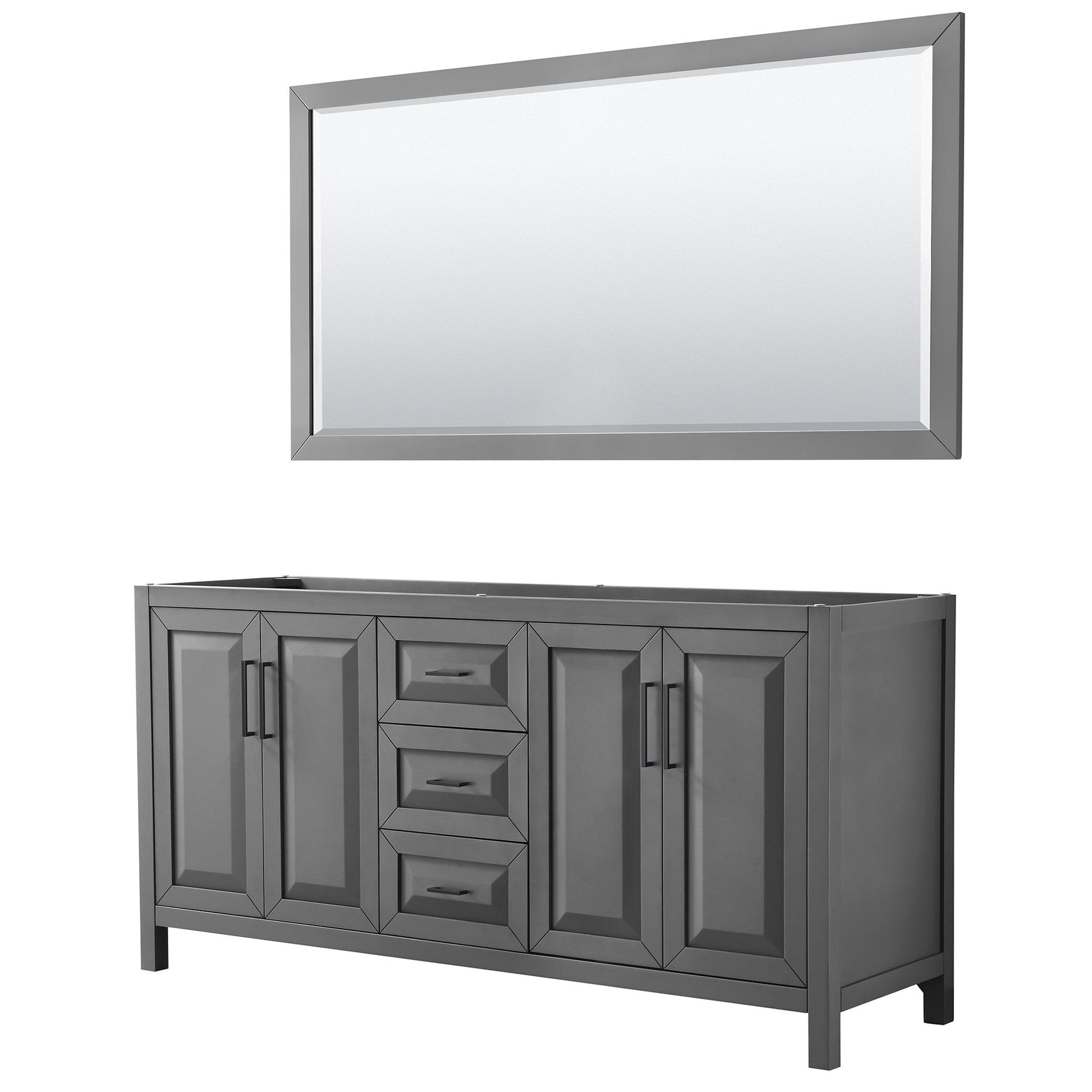 Wyndham Collection Daria 72" Double Bathroom Vanity in Dark Gray, No Countertop, No Sink, Matte Black Trim, 70" Mirror