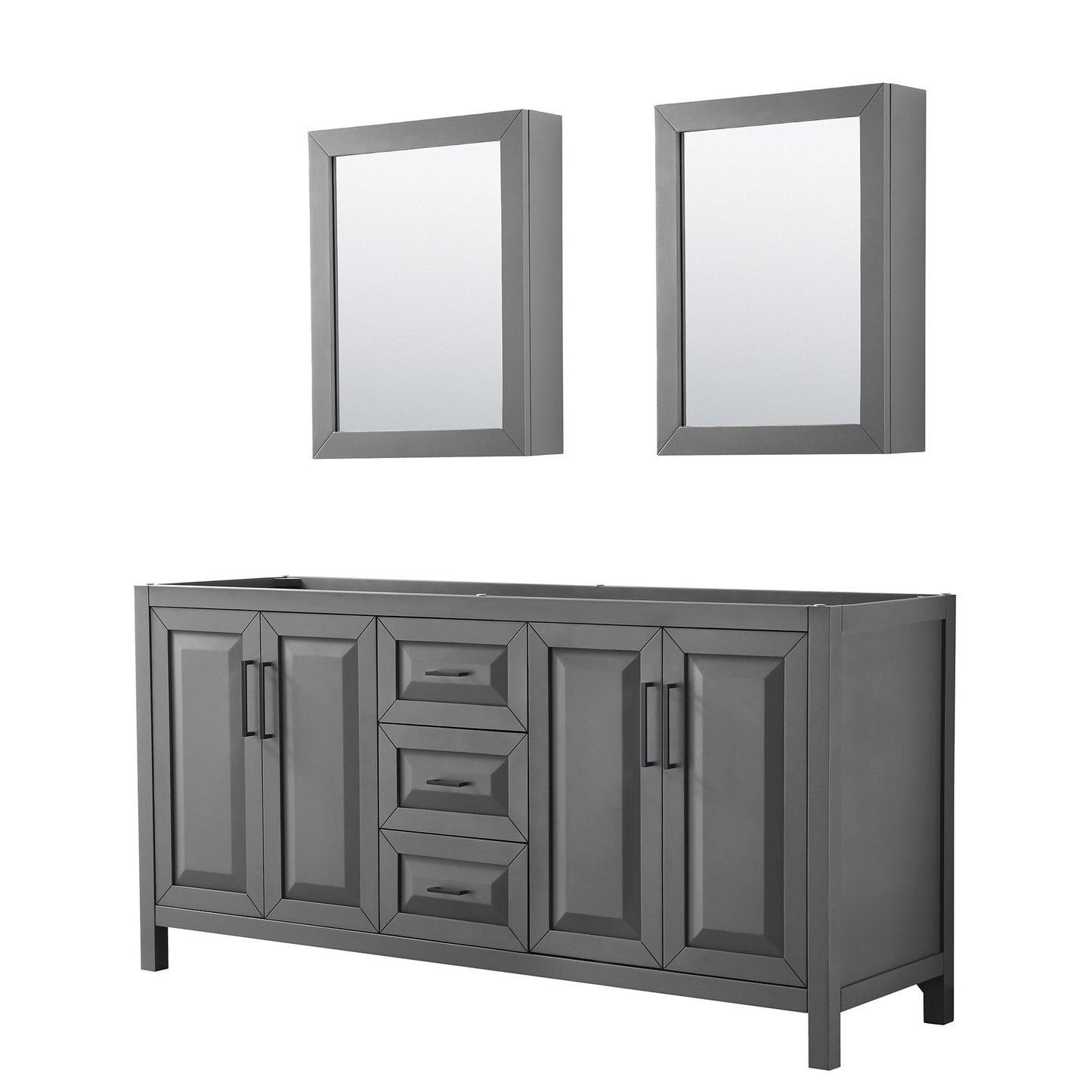 Wyndham Collection Daria 72" Double Bathroom Vanity in Dark Gray, No Countertop, No Sink, Matte Black Trim, Medicine Cabinets