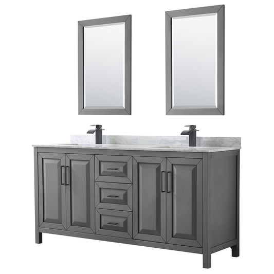 Wyndham Collection Daria 72" Double Bathroom Vanity in Dark Gray, White Carrara Marble Countertop, Undermount Square Sinks, Matte Black Trim, 24" Mirrors
