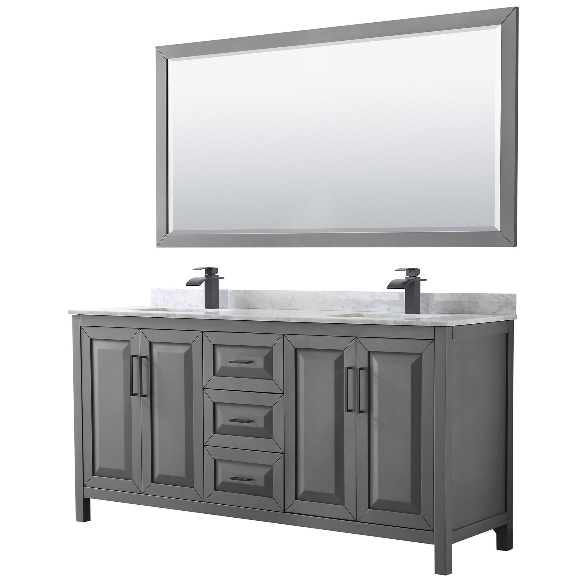 Wyndham Collection Daria 72" Double Bathroom Vanity in Dark Gray, White Carrara Marble Countertop, Undermount Square Sinks, Matte Black Trim, 70" Mirror