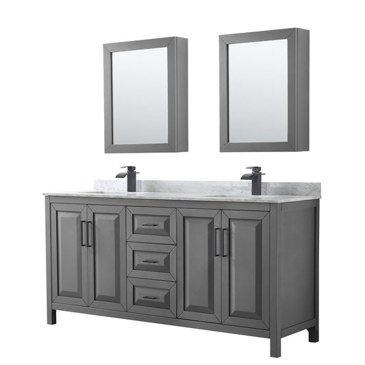 Wyndham Collection Daria 72" Double Bathroom Vanity in Dark Gray, White Carrara Marble Countertop, Undermount Square Sinks, Matte Black Trim, Medicine Cabinets