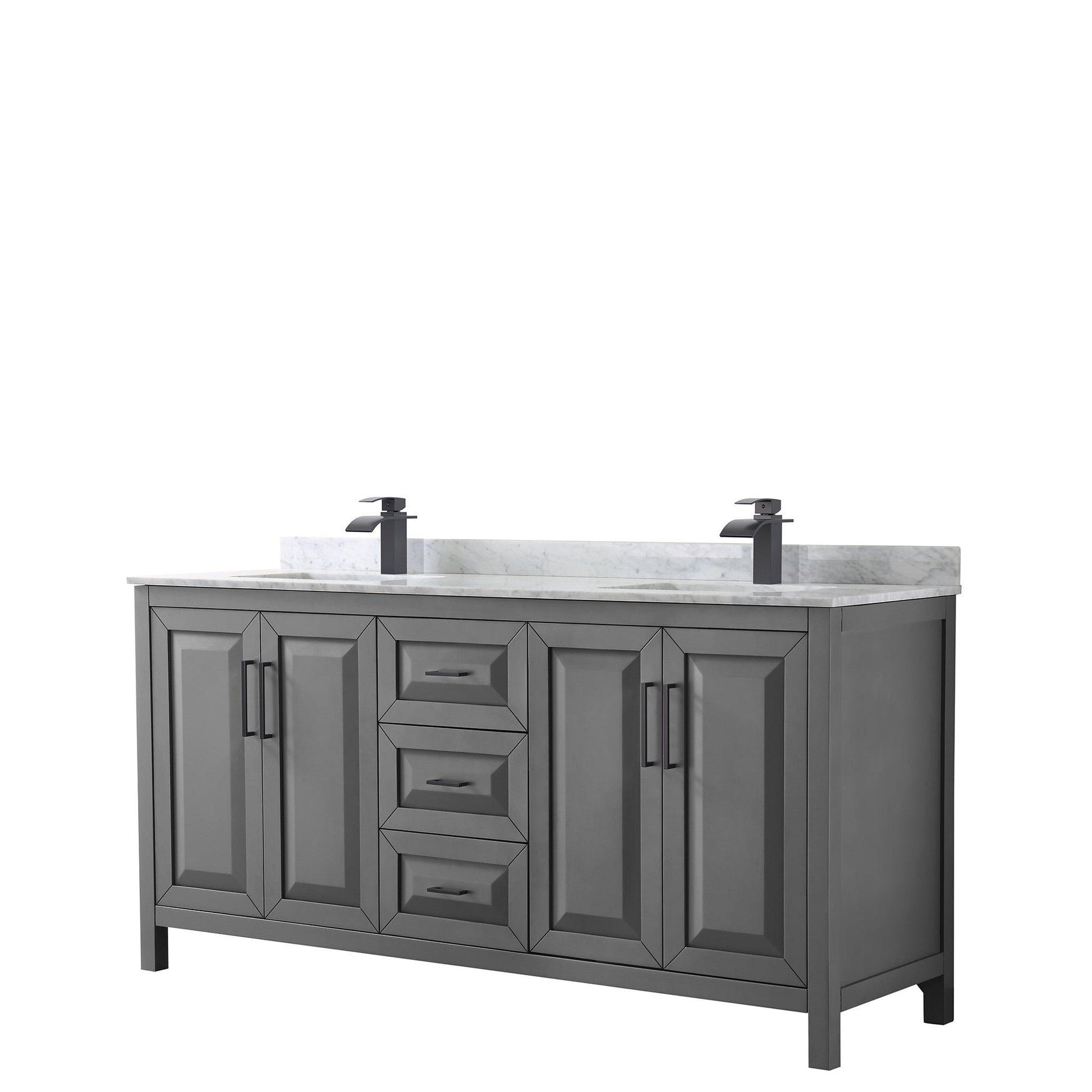 Wyndham Collection Daria 72" Double Bathroom Vanity in Dark Gray, White Carrara Marble Countertop, Undermount Square Sinks, Matte Black Trim