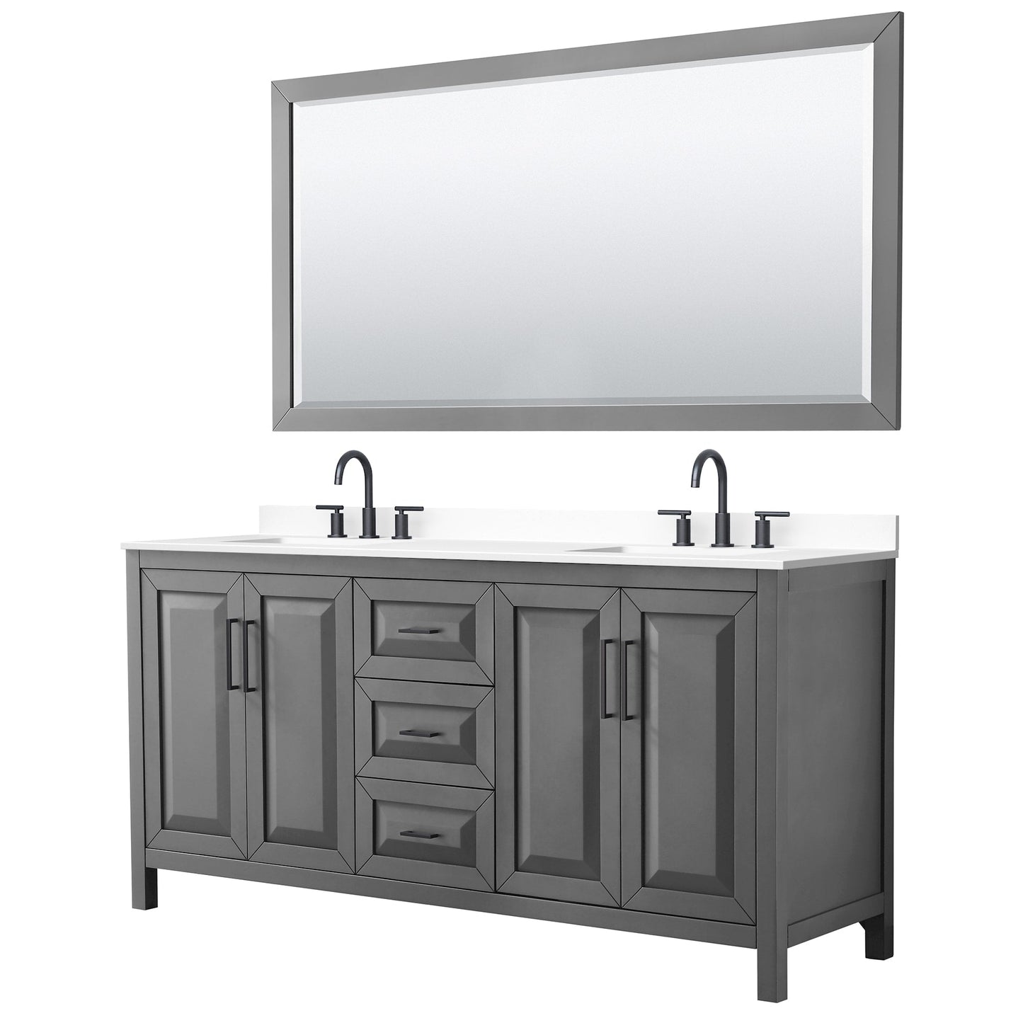 Wyndham Collection Daria 72" Double Bathroom Vanity in Dark Gray, White Cultured Marble Countertop, Undermount Square Sinks (3-Hole), Matte Black Trim, 70" Mirror