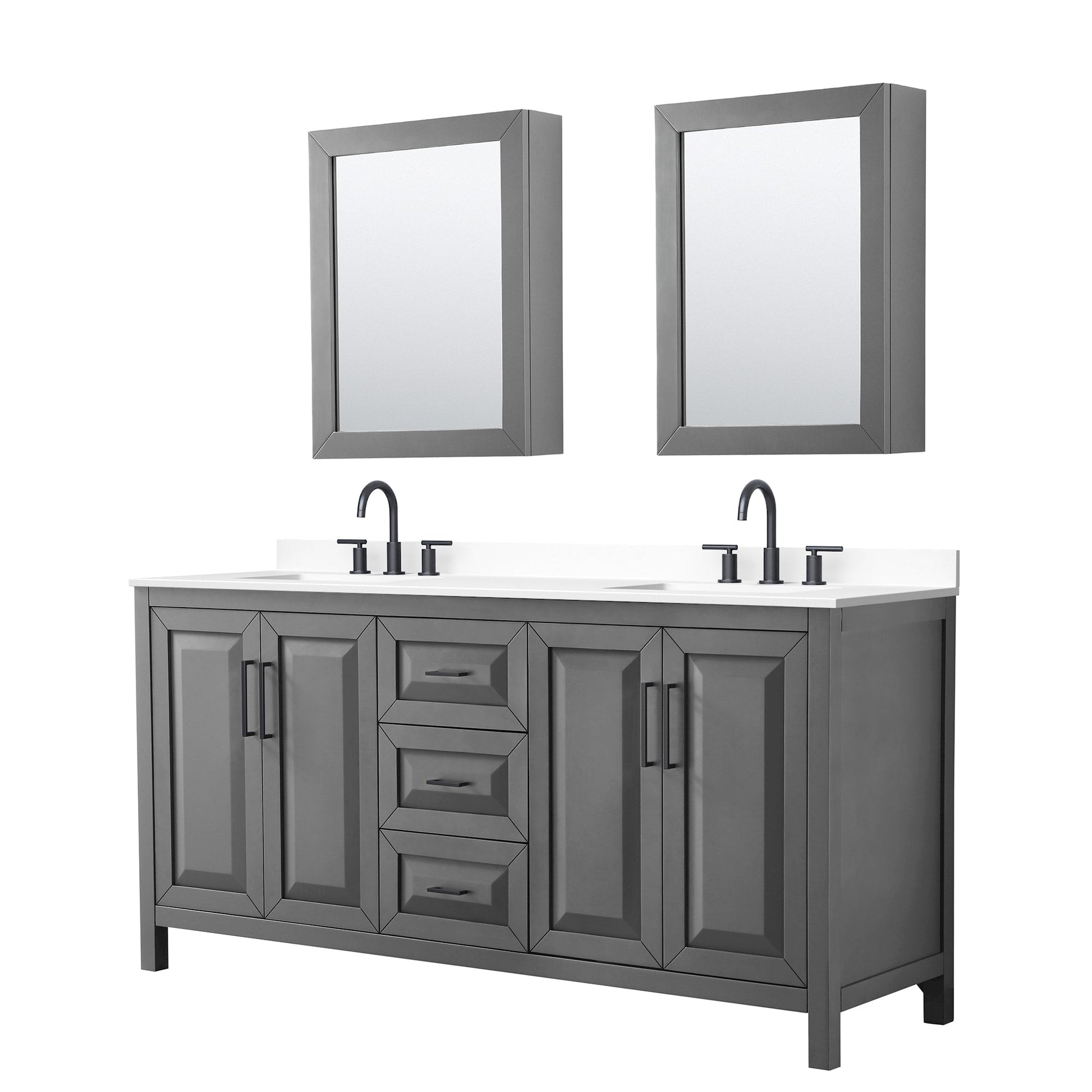 Wyndham Collection Daria 72" Double Bathroom Vanity in Dark Gray, White Cultured Marble Countertop, Undermount Square Sinks (3-Hole), Matte Black Trim, Medicine Cabinets