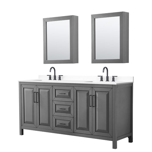 Wyndham Collection Daria 72" Double Bathroom Vanity in Dark Gray, White Cultured Marble Countertop, Undermount Square Sinks (3-Hole), Matte Black Trim, Medicine Cabinets