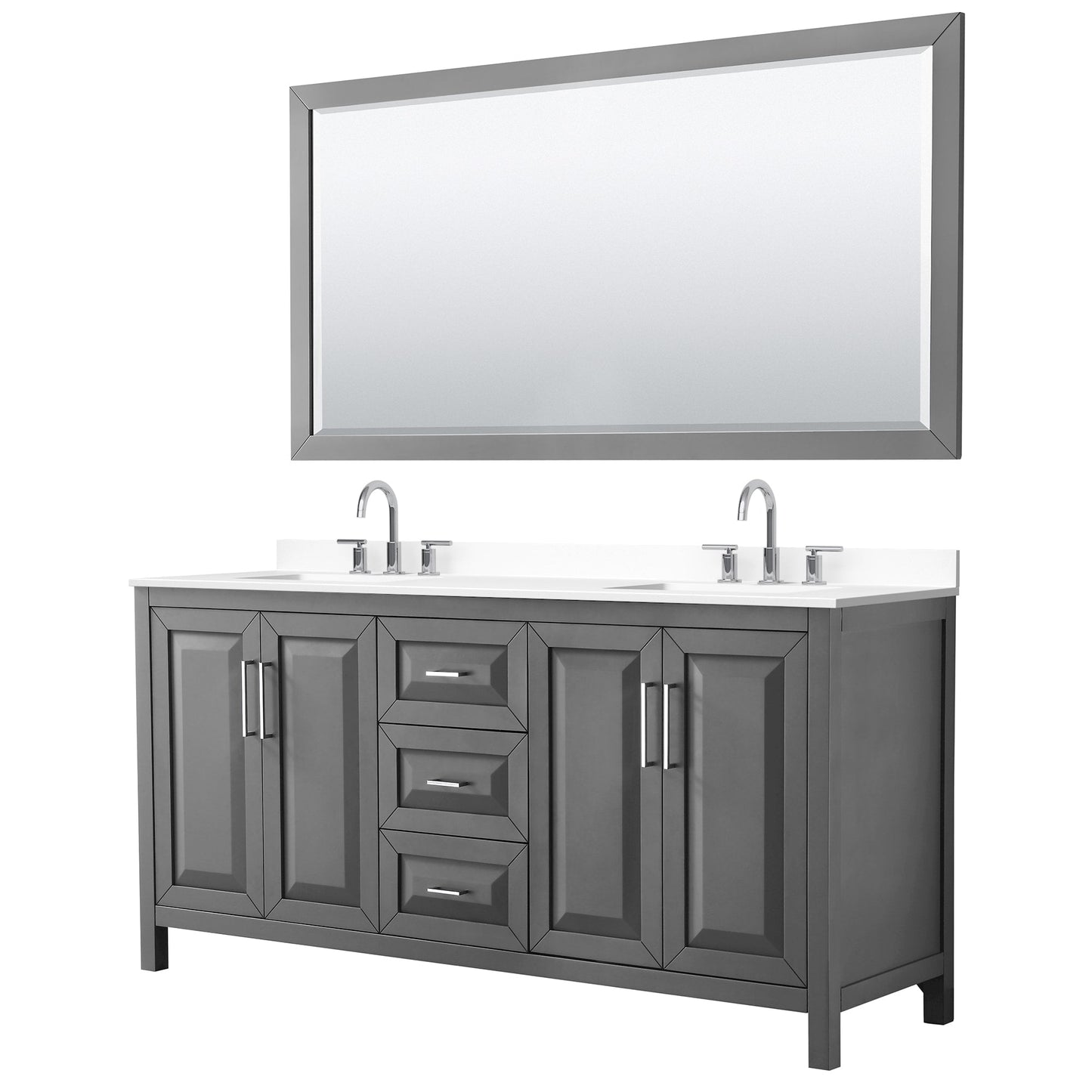 Wyndham Collection Daria 72" Double Bathroom Vanity in Dark Gray, White Cultured Marble Countertop, Undermount Square Sinks (3-Hole), Polished Chrome Trim, 70" Mirror