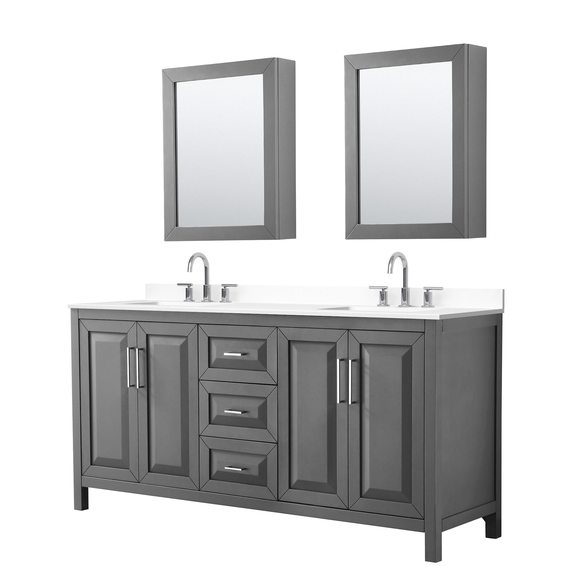 Wyndham Collection Daria 72" Double Bathroom Vanity in Dark Gray, White Cultured Marble Countertop, Undermount Square Sinks (3-Hole), Polished Chrome Trim, Medicine Cabinets