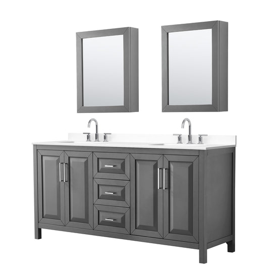Wyndham Collection Daria 72" Double Bathroom Vanity in Dark Gray, White Cultured Marble Countertop, Undermount Square Sinks (3-Hole), Polished Chrome Trim, Medicine Cabinets