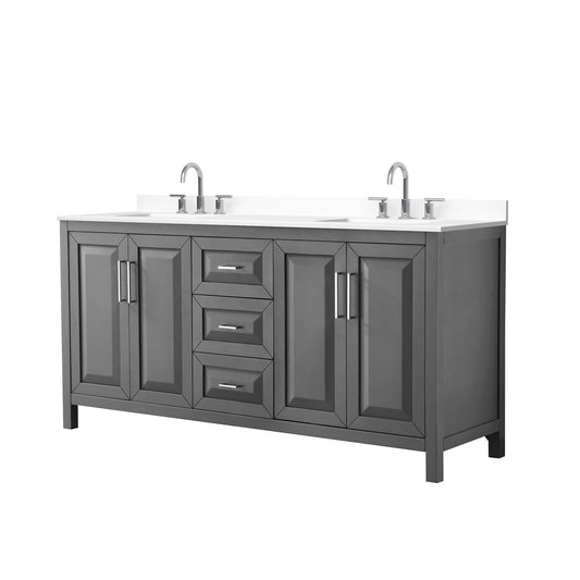 Wyndham Collection Daria 72" Double Bathroom Vanity in Dark Gray, White Cultured Marble Countertop, Undermount Square Sinks (3-Hole), Polished Chrome Trim
