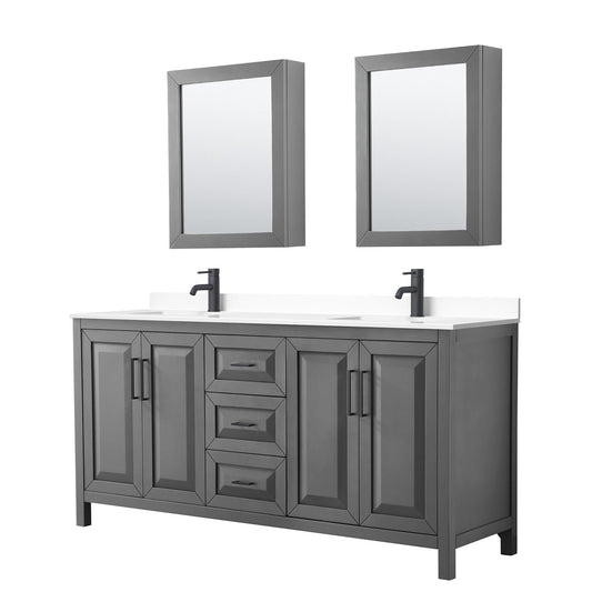 Wyndham Collection Daria 72" Double Bathroom Vanity in Dark Gray, White Cultured Marble Countertop, Undermount Square Sinks, Matte Black Trim, Medicine Cabinets