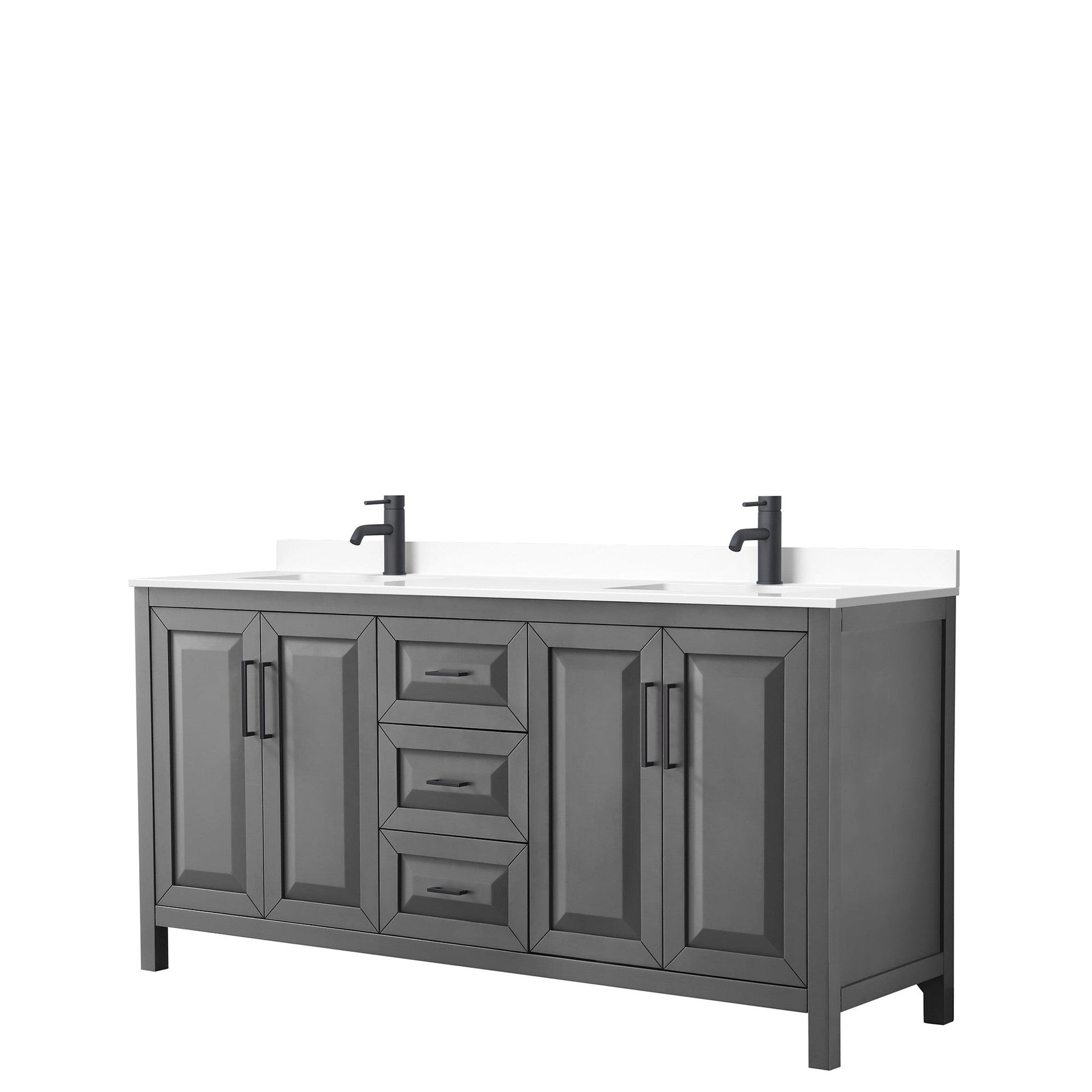 Wyndham Collection Daria 72" Double Bathroom Vanity in Dark Gray, White Cultured Marble Countertop, Undermount Square Sinks, Matte Black Trim