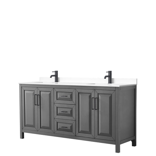 Wyndham Collection Daria 72" Double Bathroom Vanity in Dark Gray, White Cultured Marble Countertop, Undermount Square Sinks, Matte Black Trim
