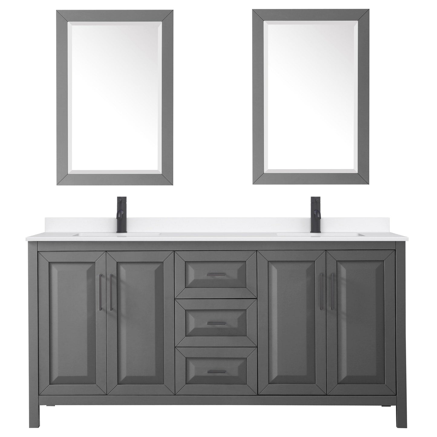 Wyndham Collection Daria 72" Double Bathroom Vanity in Dark Gray, White Quartz Countertop, Undermount Square Sinks (1-Hole), Matte Black Trim, 24" Mirrors