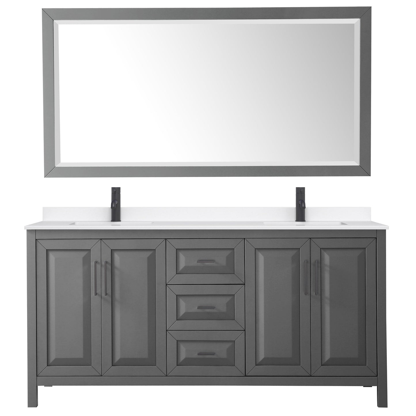 Wyndham Collection Daria 72" Double Bathroom Vanity in Dark Gray, White Quartz Countertop, Undermount Square Sinks (1-Hole), Matte Black Trim, 70" Mirror