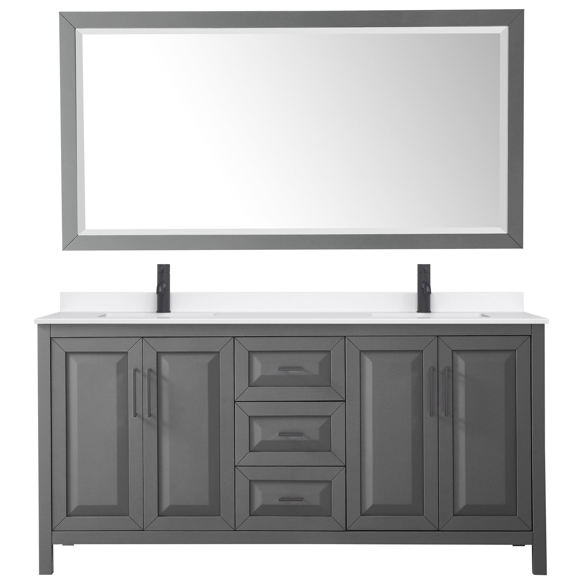 Wyndham Collection Daria 72" Double Bathroom Vanity in Dark Gray, White Quartz Countertop, Undermount Square Sinks (1-Hole), Matte Black Trim, 70" Mirror