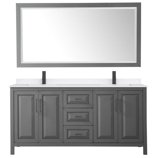 Wyndham Collection Daria 72" Double Bathroom Vanity in Dark Gray, White Quartz Countertop, Undermount Square Sinks (1-Hole), Matte Black Trim, 70" Mirror