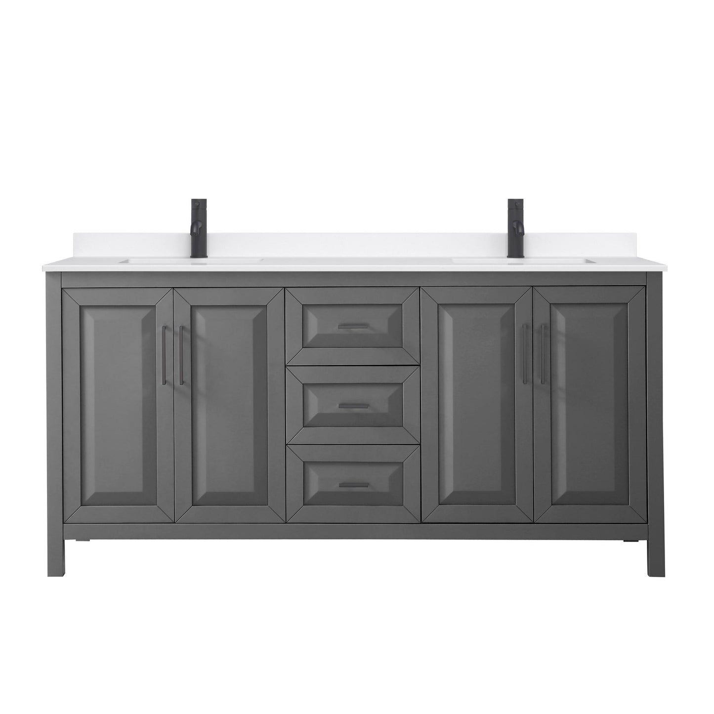 Wyndham Collection Daria 72" Double Bathroom Vanity in Dark Gray, White Quartz Countertop, Undermount Square Sinks (1-Hole), Matte Black Trim