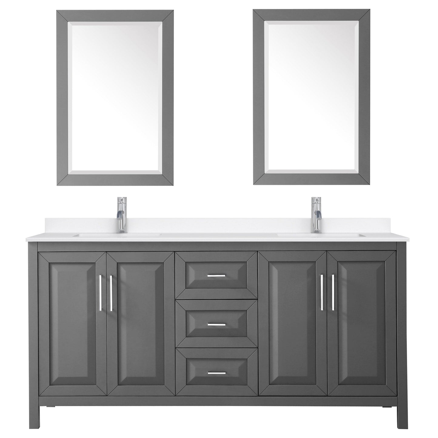 Wyndham Collection Daria 72" Double Bathroom Vanity in Dark Gray, White Quartz Countertop, Undermount Square Sinks (1-Hole), Polished Chrome Trim, 24" Mirrors
