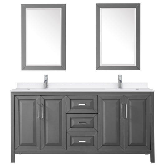 Wyndham Collection Daria 72" Double Bathroom Vanity in Dark Gray, White Quartz Countertop, Undermount Square Sinks (1-Hole), Polished Chrome Trim, 24" Mirrors