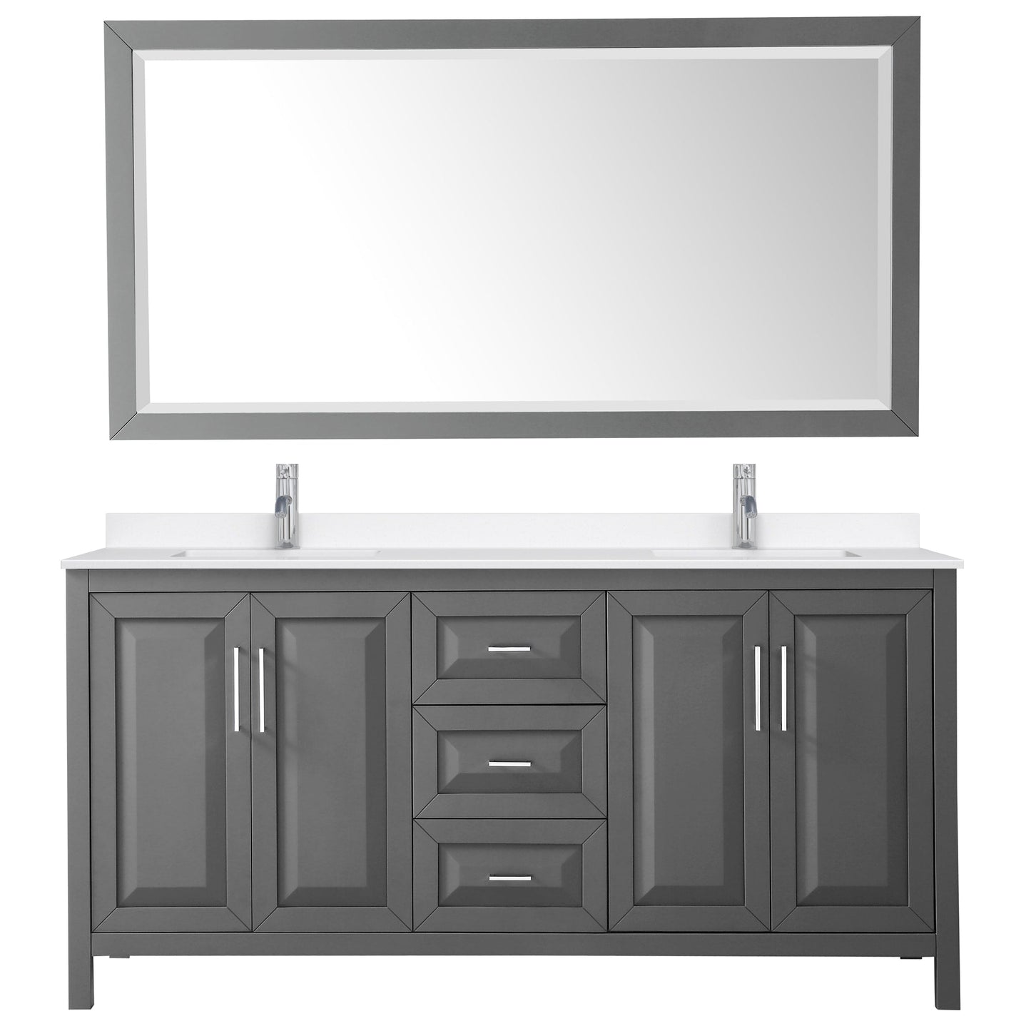 Wyndham Collection Daria 72" Double Bathroom Vanity in Dark Gray, White Quartz Countertop, Undermount Square Sinks (1-Hole), Polished Chrome Trim, 70" Mirror