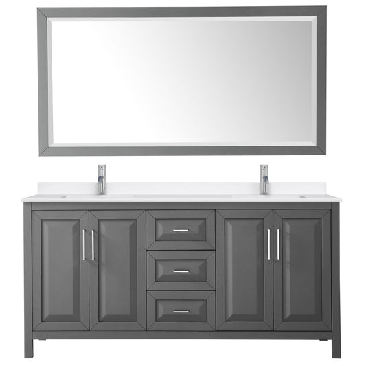 Wyndham Collection Daria 72" Double Bathroom Vanity in Dark Gray, White Quartz Countertop, Undermount Square Sinks (1-Hole), Polished Chrome Trim, 70" Mirror