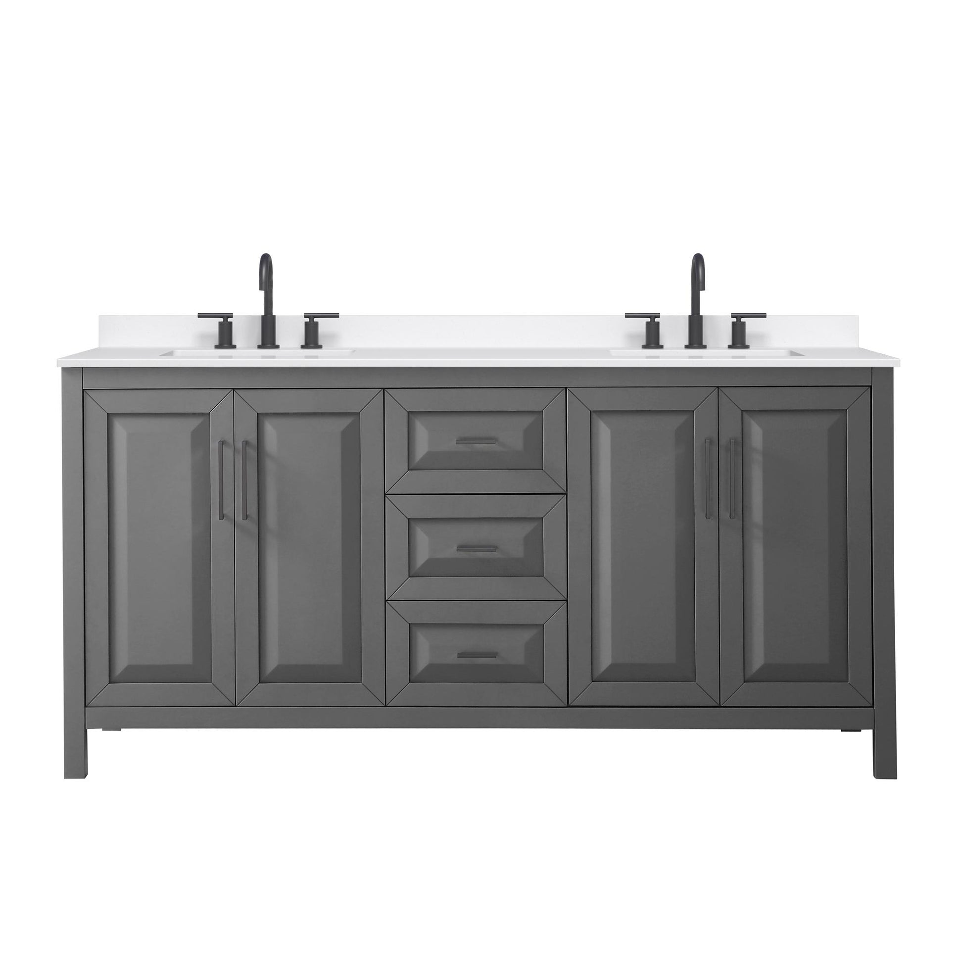 Wyndham Collection Daria 72" Double Bathroom Vanity in Dark Gray, White Quartz Countertop, Undermount Square Sinks (3-Hole), Matte Black Trim