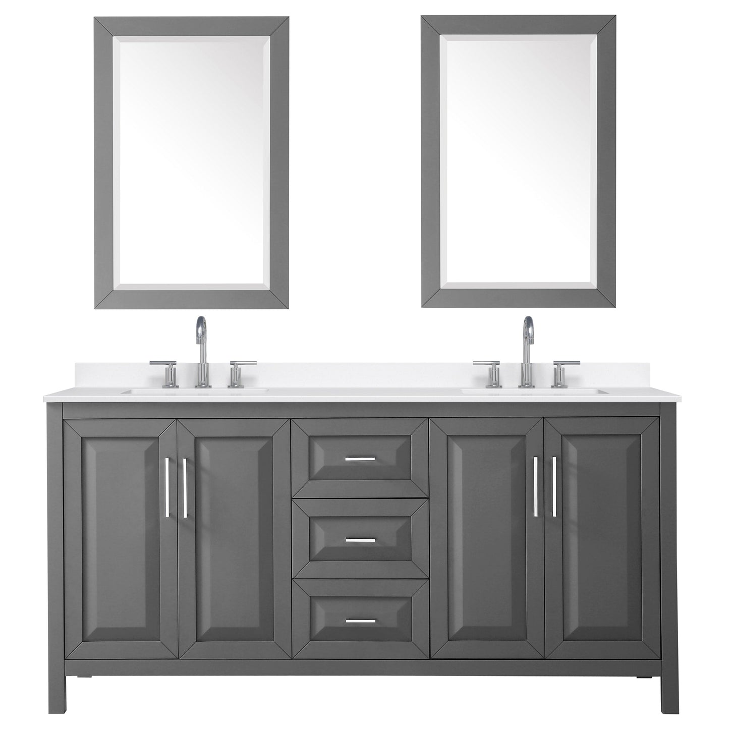 Wyndham Collection Daria 72" Double Bathroom Vanity in Dark Gray, White Quartz Countertop, Undermount Square Sinks (3-Hole), Polished Chrome Trim, 24" Mirrors
