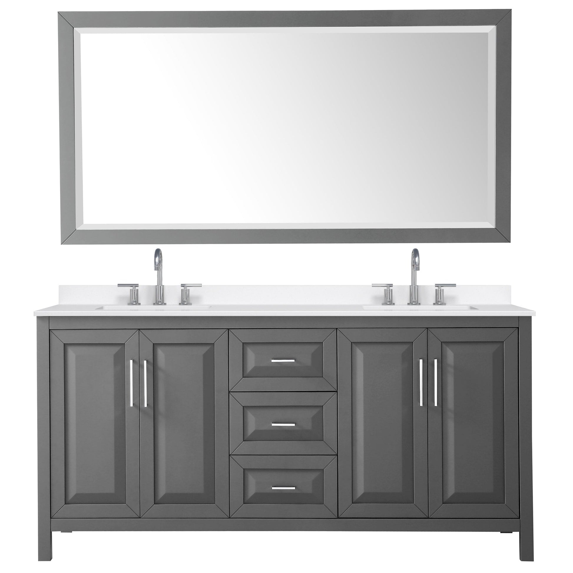 Wyndham Collection Daria 72" Double Bathroom Vanity in Dark Gray, White Quartz Countertop, Undermount Square Sinks (3-Hole), Polished Chrome Trim, 70" Mirror