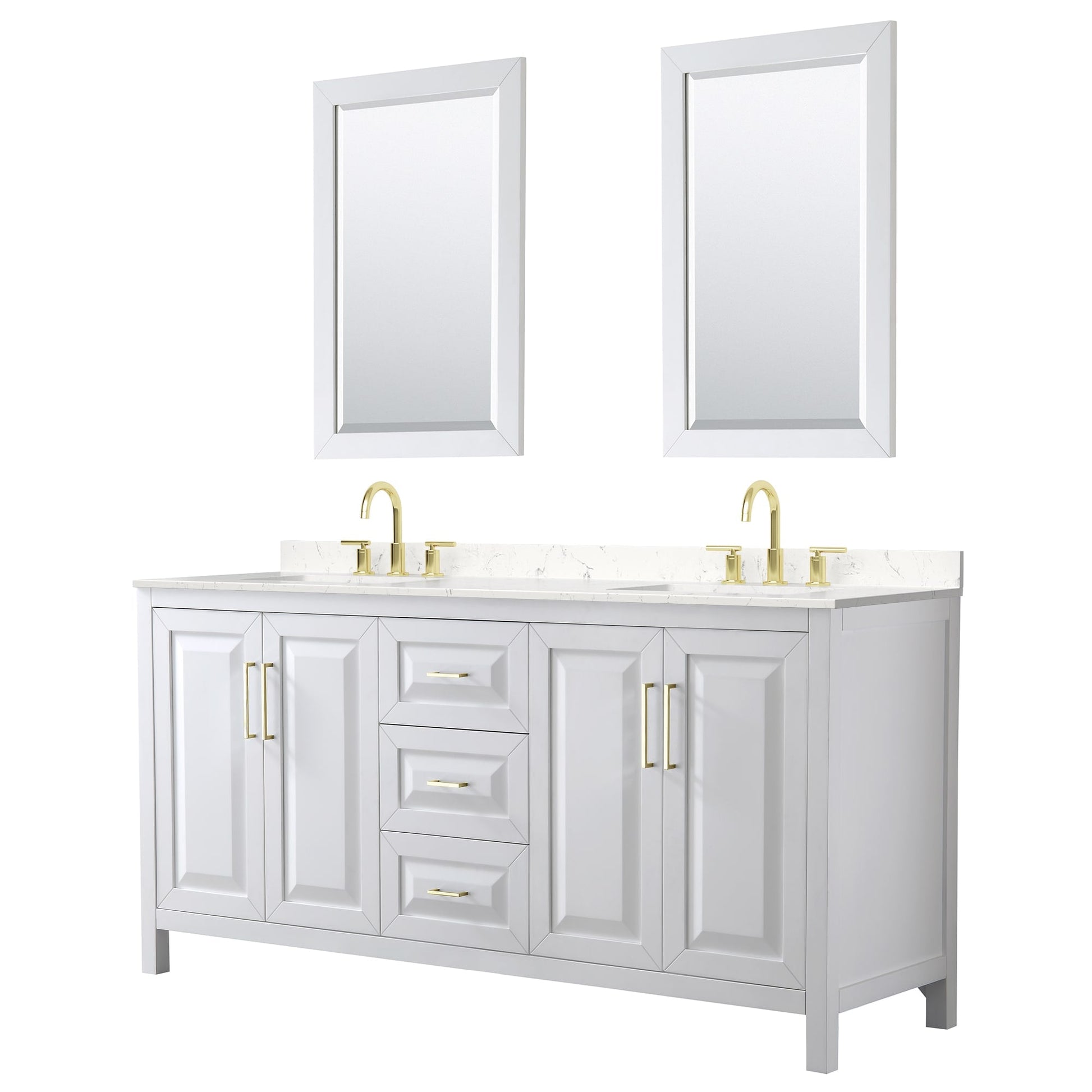 Wyndham Collection Daria 72" Double Bathroom Vanity in White, Carrara Cultured Marble Countertop, Undermount Square Sinks (3-Hole), 24" Mirrors, Brushed Gold Trim