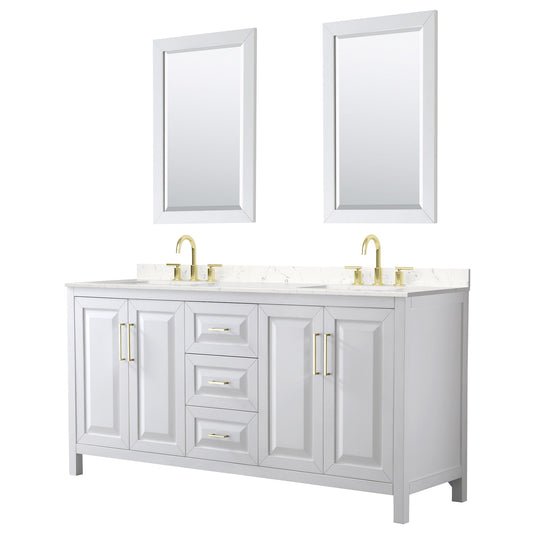 Wyndham Collection Daria 72" Double Bathroom Vanity in White, Carrara Cultured Marble Countertop, Undermount Square Sinks (3-Hole), 24" Mirrors, Brushed Gold Trim