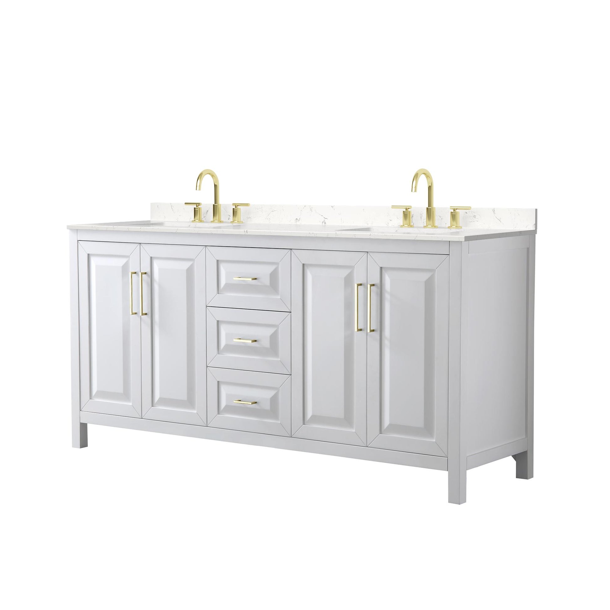Wyndham Collection Daria 72" Double Bathroom Vanity in White, Carrara Cultured Marble Countertop, Undermount Square Sinks (3-Hole), Brushed Gold Trim
