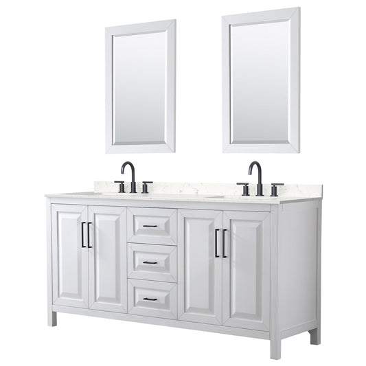 Wyndham Collection Daria 72" Double Bathroom Vanity in White, Carrara Cultured Marble Countertop, Undermount Square Sinks (3-Hole), Matte Black Trim, 24" Mirrors