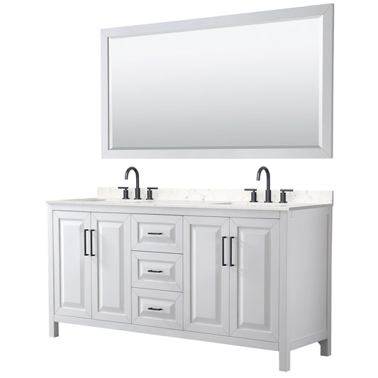 Wyndham Collection Daria 72" Double Bathroom Vanity in White, Carrara Cultured Marble Countertop, Undermount Square Sinks (3-Hole), Matte Black Trim, 70" Mirror