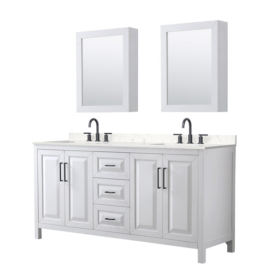 Wyndham Collection Daria 72" Double Bathroom Vanity in White, Carrara Cultured Marble Countertop, Undermount Square Sinks (3-Hole), Matte Black Trim, Medicine Cabinets